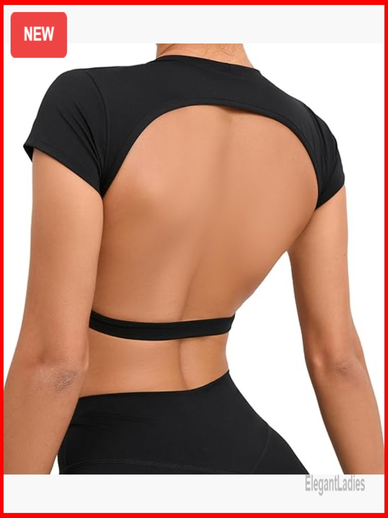 Open Back Crop Top Short Sleeve Slim Fit Workout Tops With Pads Yoga Activewear
